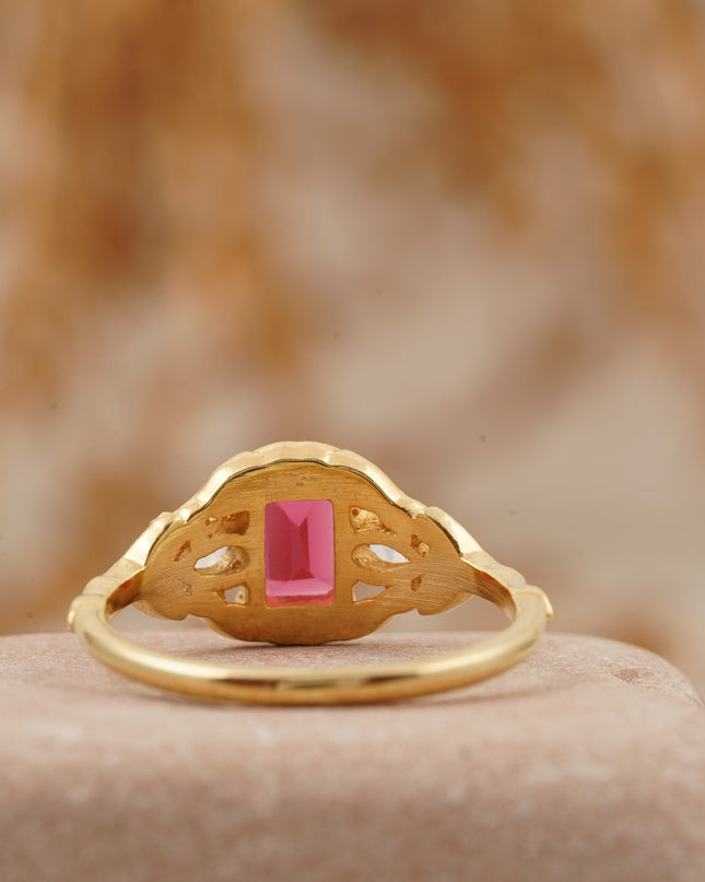 Emerald Cut Ruby Nature Inspired Leaf Gold Stacking Ring