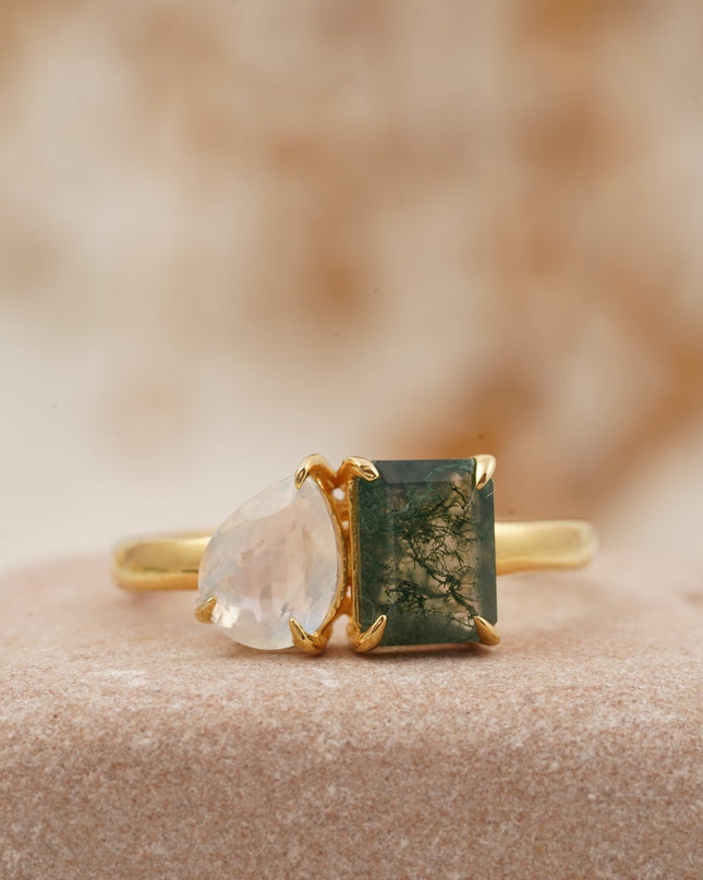 Double Stone Moss Agate And Moonstone Toi Et Moi Engagement Ring