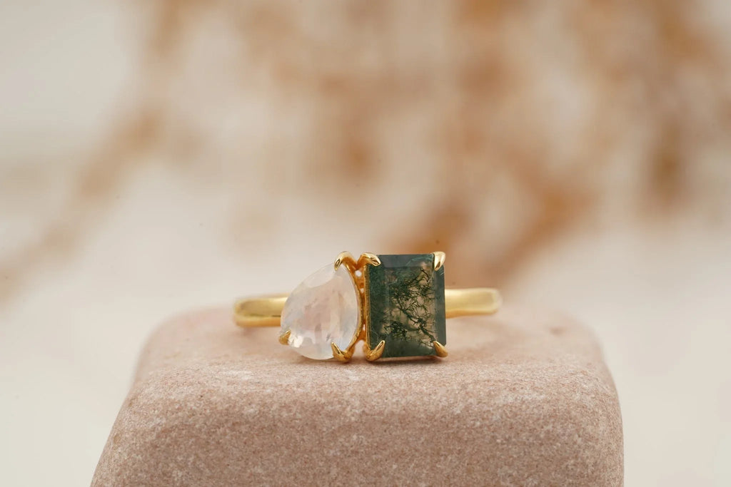Double Stone Moss Agate And Moonstone Toi Et Moi Engagement Ring - Gigiscc