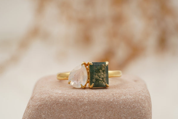 Double Stone Moss Agate & Moonstone Toi et Moi Ring