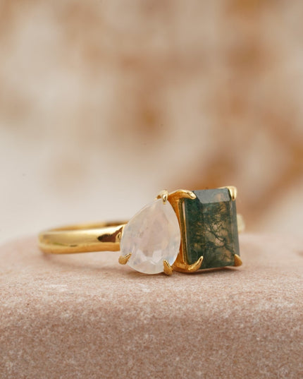 Double Stone Moss Agate And Moonstone Toi Et Moi Engagement Ring