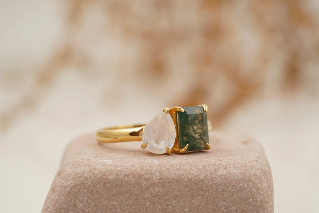 Double Stone Moss Agate And Moonstone Toi Et Moi Engagement Ring - Gigiscc
