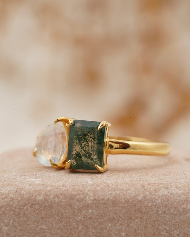 Double Stone Moss Agate And Moonstone Toi Et Moi Engagement Ring