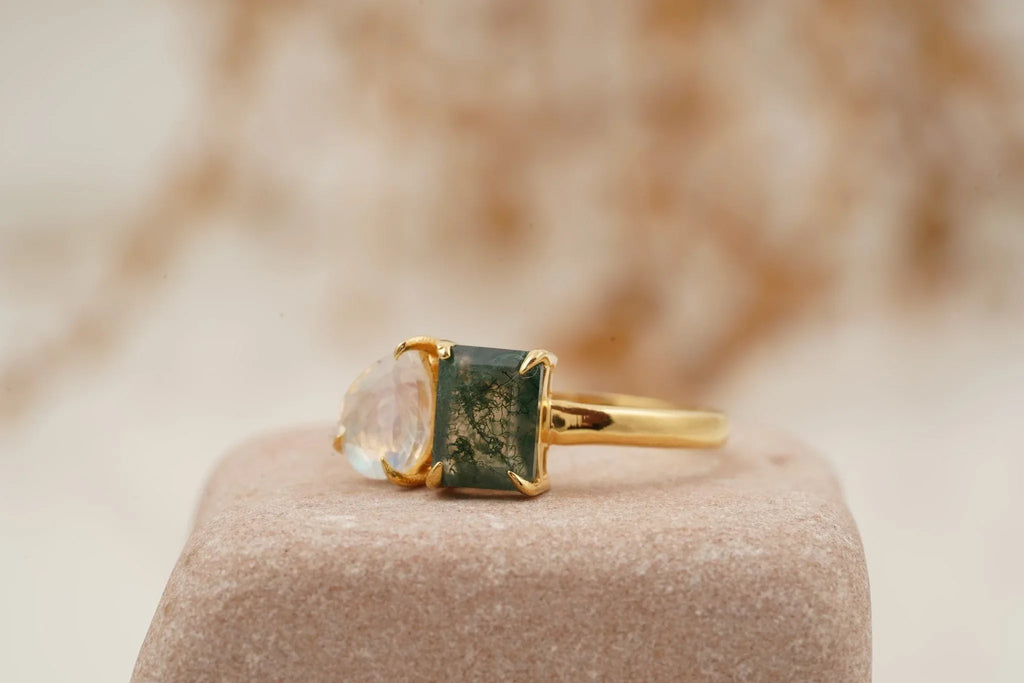 Double Stone Moss Agate And Moonstone Toi Et Moi Engagement Ring - Gigiscc