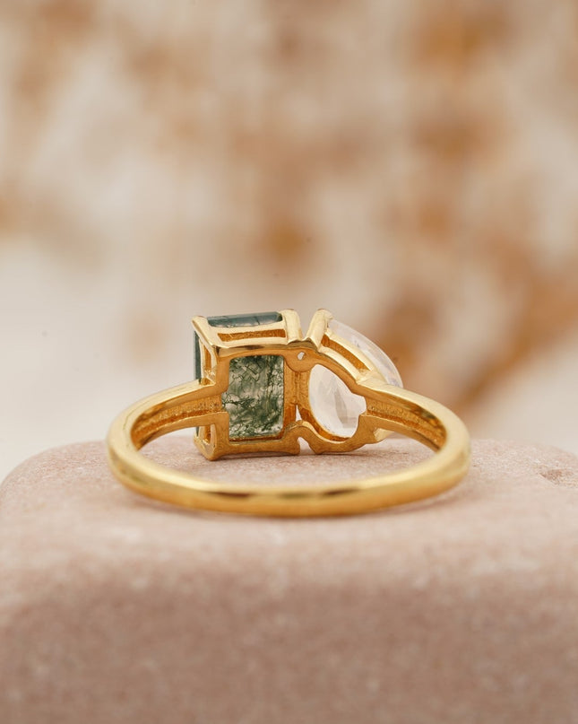 Double Stone Moss Agate And Moonstone Toi Et Moi Engagement Ring