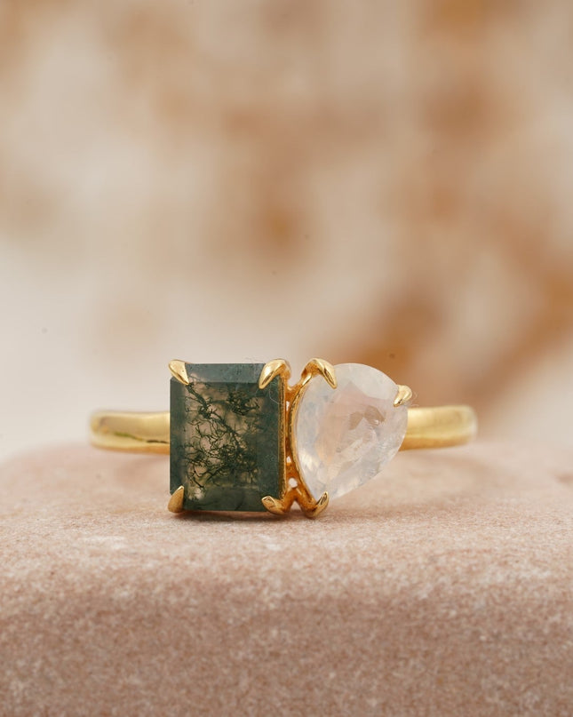 Double Stone Moss Agate And Moonstone Toi Et Moi Engagement Ring