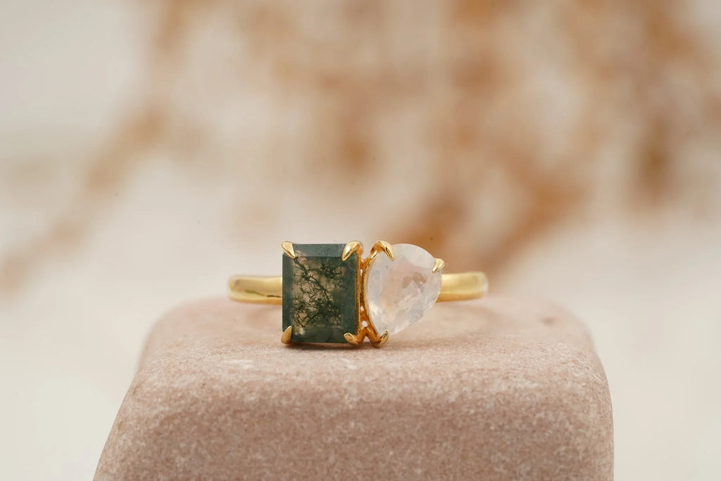 Double Stone Moss Agate And Moonstone Toi Et Moi Engagement Ring - Gigiscc