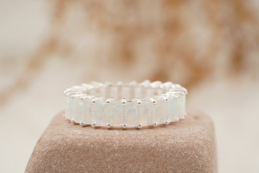 Baguette Cut Fire Opal Wedding Band 925 Sterling Silver