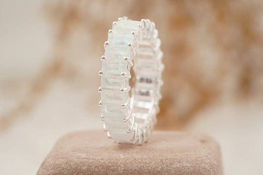 Baguette Cut Fire Opal Wedding Band in 925 Sterling Silver Ring