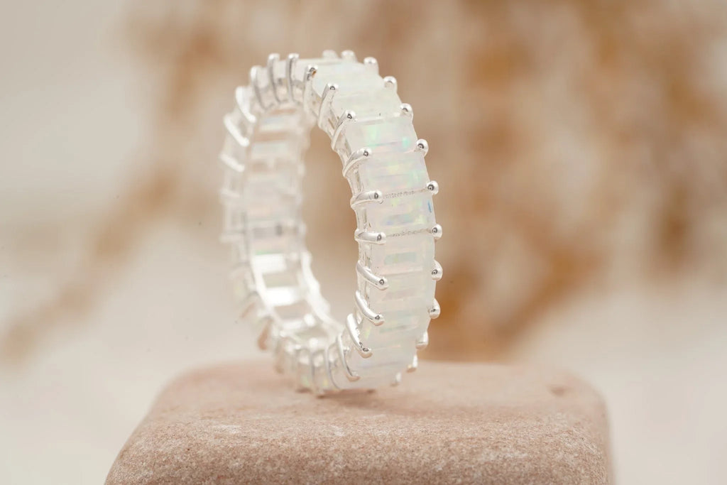 Baguette Cut Fire Opal Wedding Band 925 Sterling Silver - Gigiscc