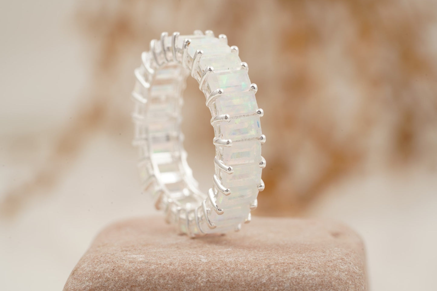Baguette Cut Fire Opal Wedding Band 925 Sterling Silver