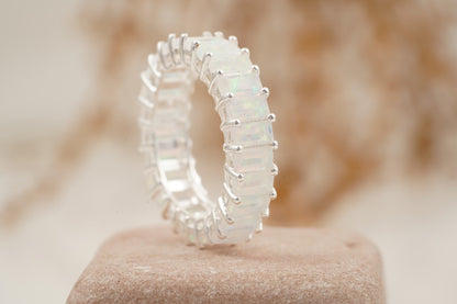 Baguette Cut Fire Opal Wedding Band 925 Sterling Silver