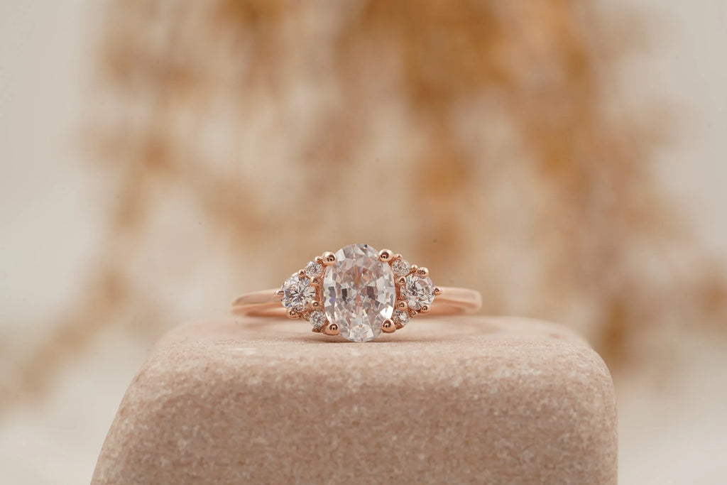 1.5ct Oval Cut Moissanite Cluster Rose Gold Engagement Ring - Gigiscc