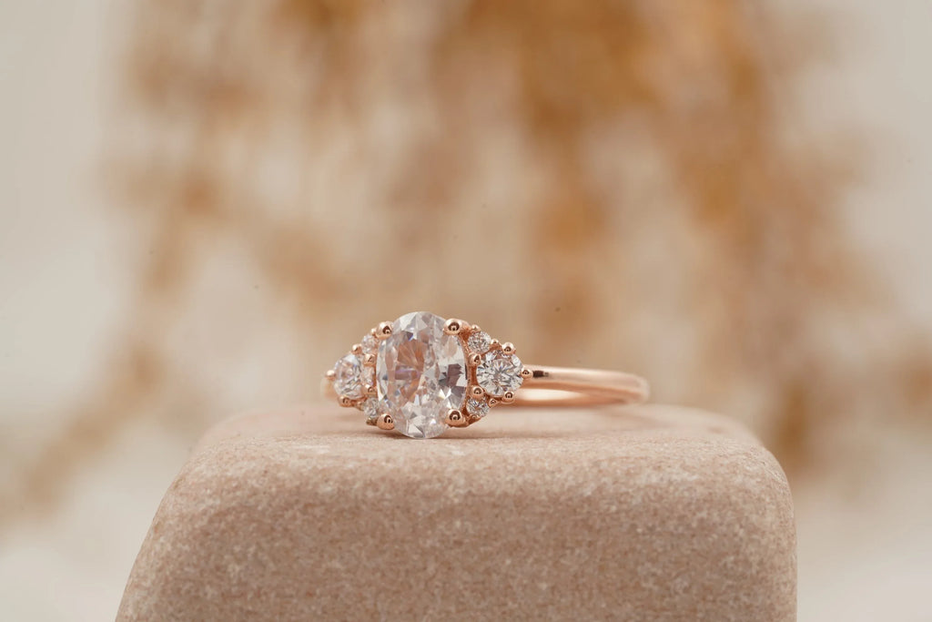 1.5ct Oval Cut Moissanite Cluster Rose Gold Engagement Ring - Gigiscc