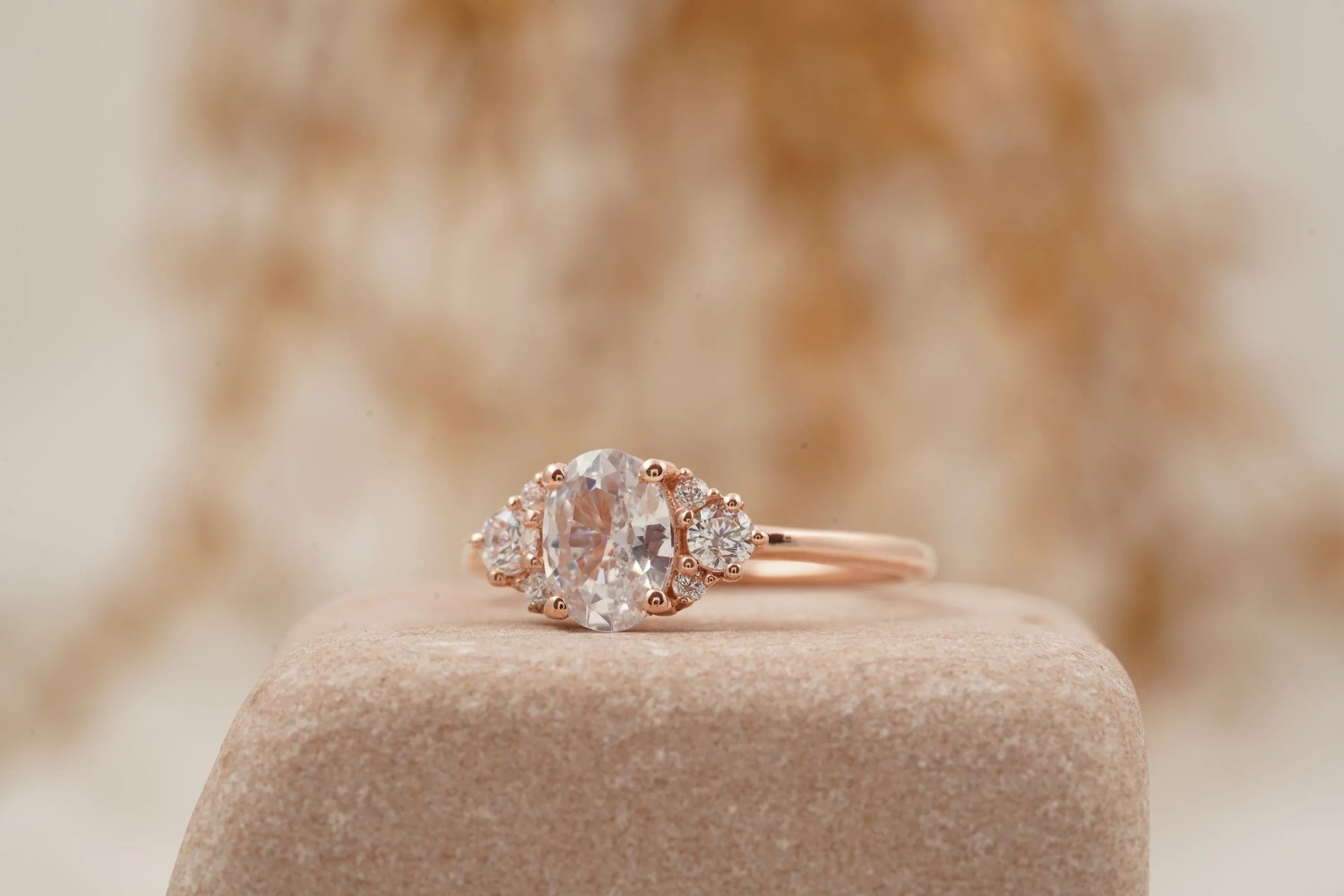 1.5ct Oval Cut Moissanite Cluster Rose Gold Engagement Ring - Gigiscc