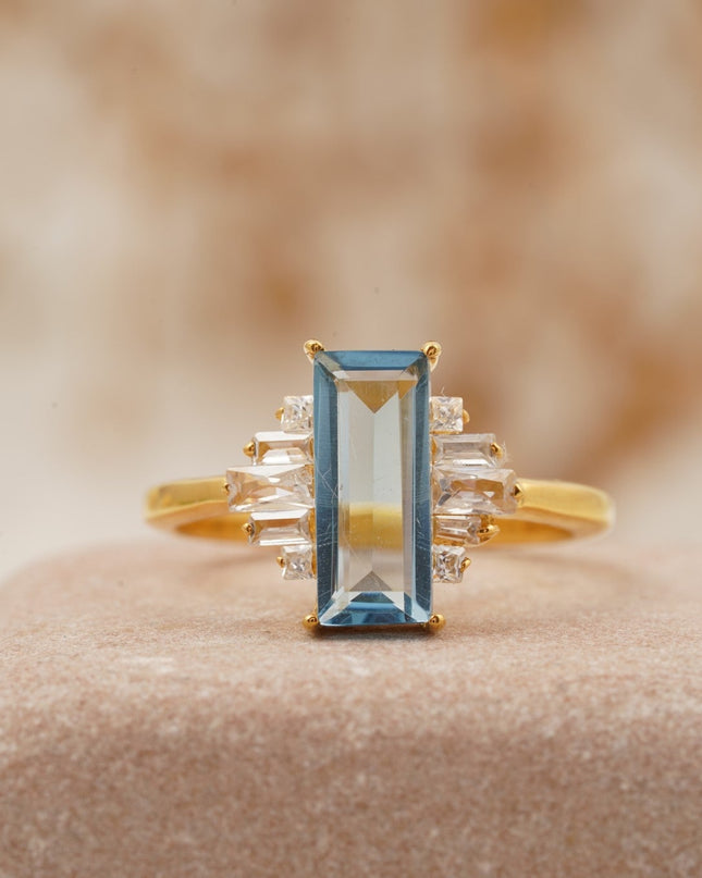 Antique Aquamarine and Moissanite Engagement Ring 14K Solid Gold