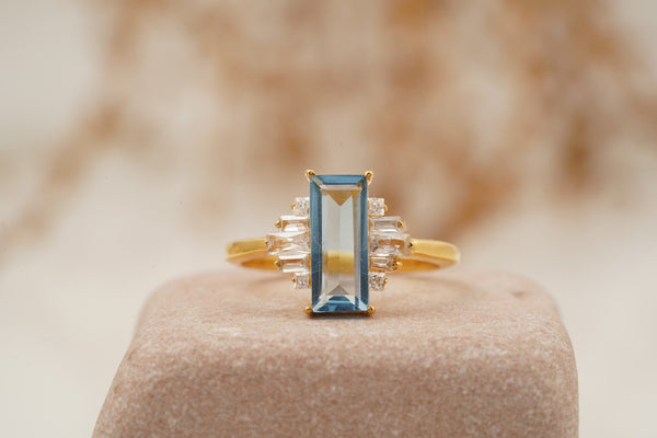 Antique Aquamarine and Moissanite Engagement Ring 14K Solid Gold