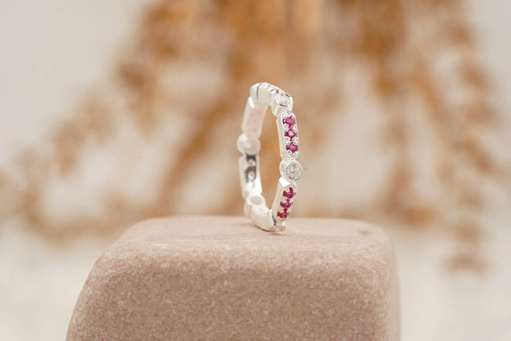 Ruby And Diamond Wedding Band 925 Sterling Silver - Gigiscc