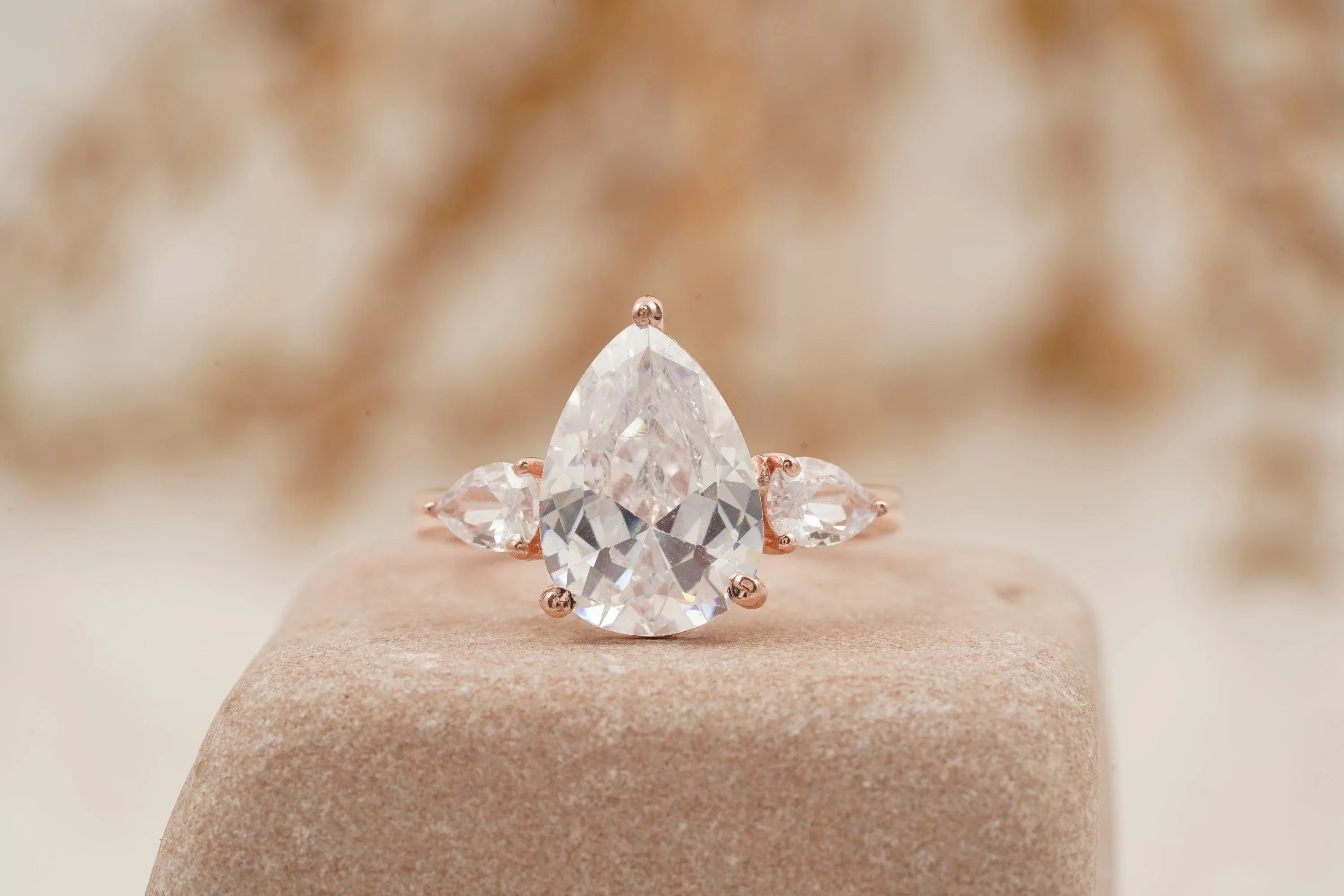 Pear Shaped Moissanite Engagement Ring Three Stone Ring - Gigiscc