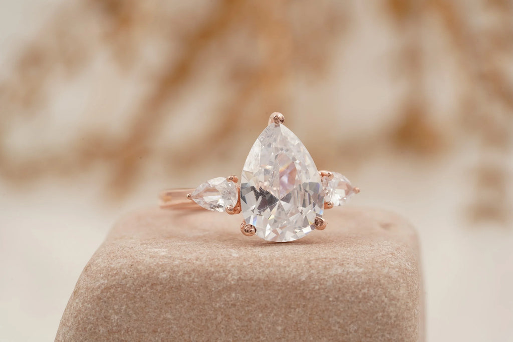 Pear Shaped Moissanite Engagement Ring Three Stone Ring - Gigiscc