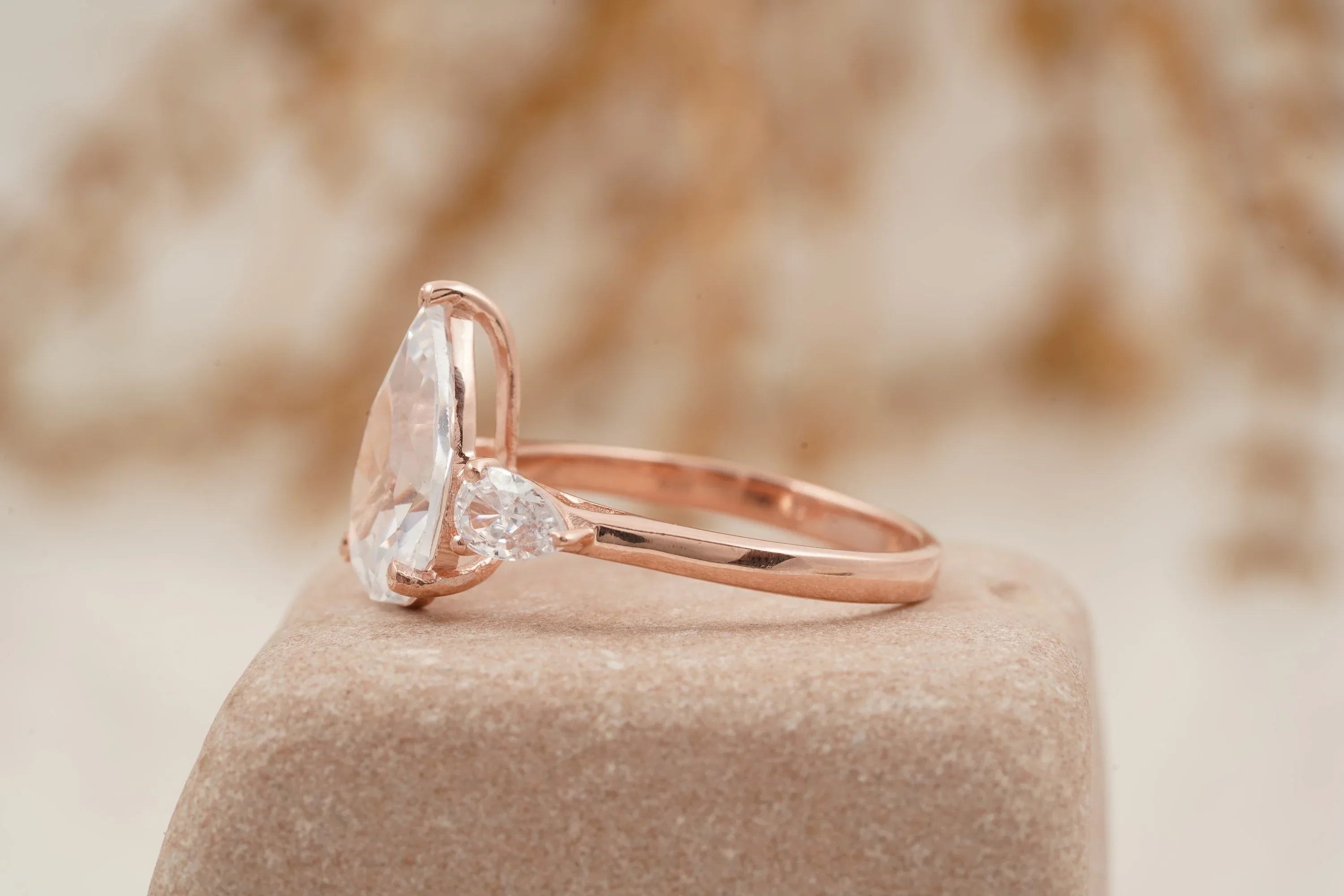 Pear Shaped Moissanite Engagement Ring Three Stone Ring - Gigiscc