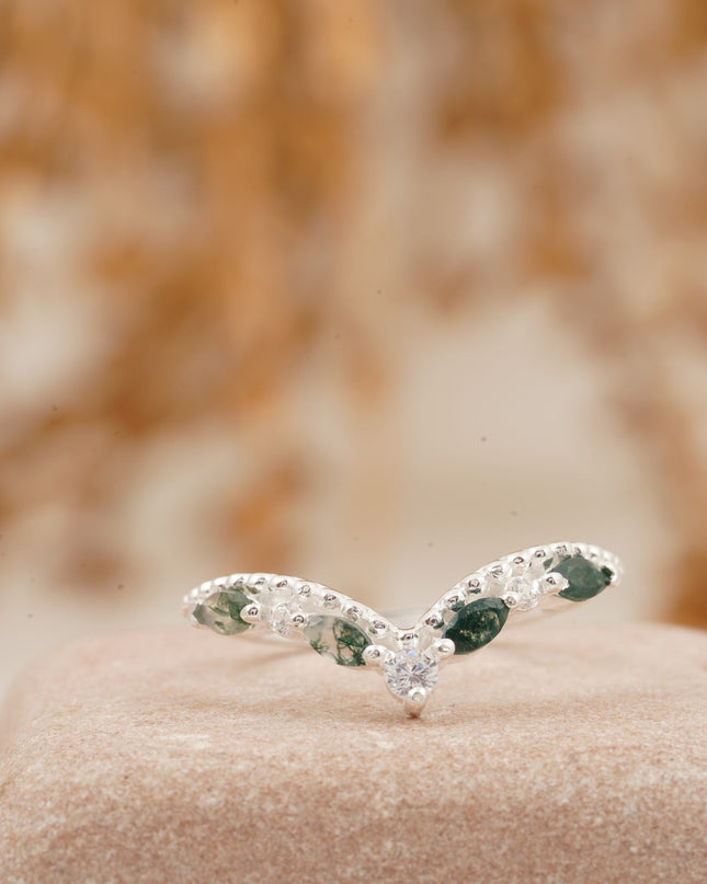 Marquise Moss Agate Wedding Band 925 Sterling Silver Ring