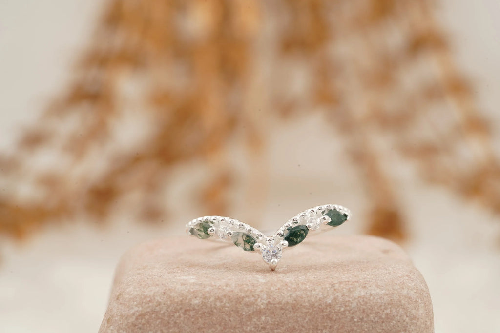 Marquise Moss Agate Wedding Band 925 Sterling Silver Ring - Gigiscc