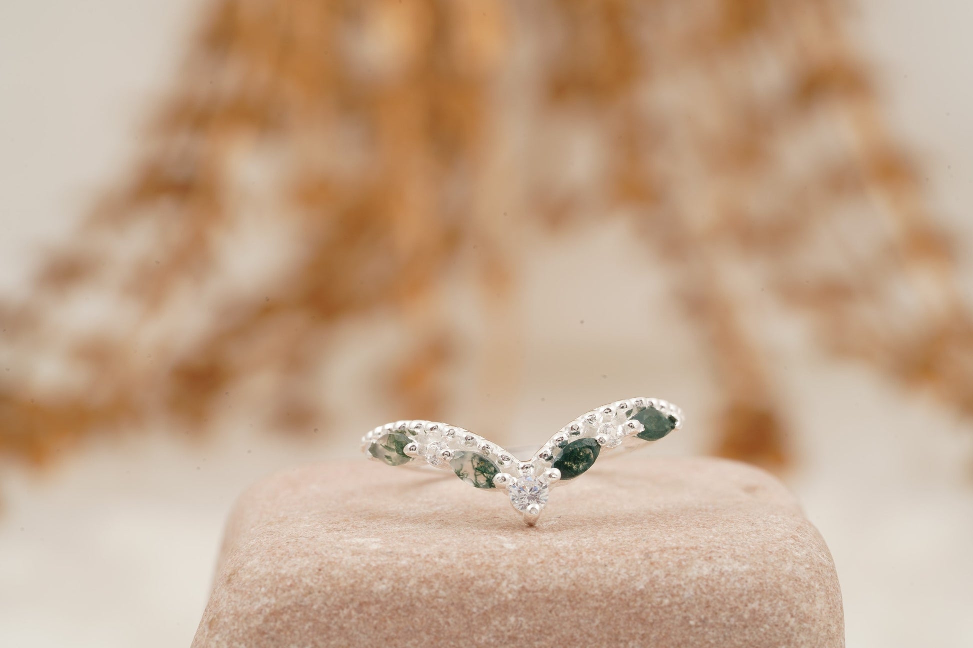 Marquise Moss Agate Wedding Band in 925 Sterling Silver