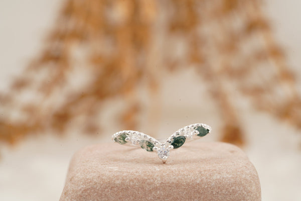 Marquise Moss Agate Wedding Band in 925 Sterling Silver