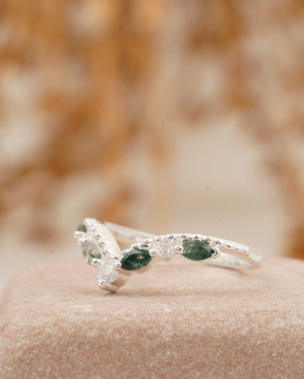 Marquise Moss Agate Wedding Band 925 Sterling Silver Ring