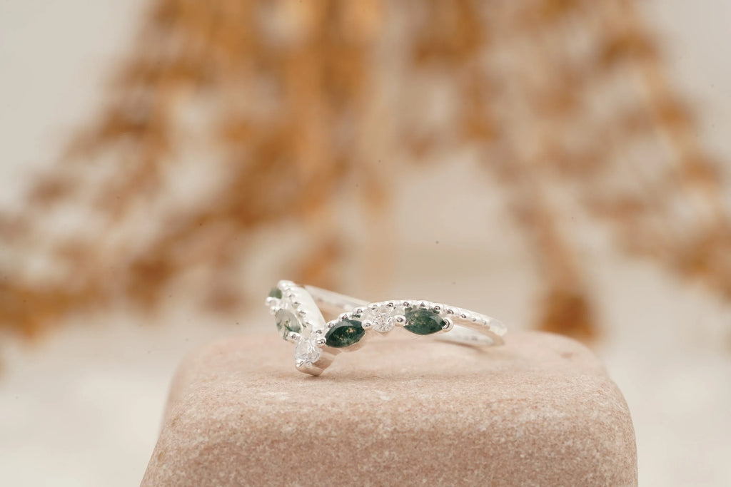 Marquise Moss Agate Wedding Band 925 Sterling Silver Ring - Gigiscc
