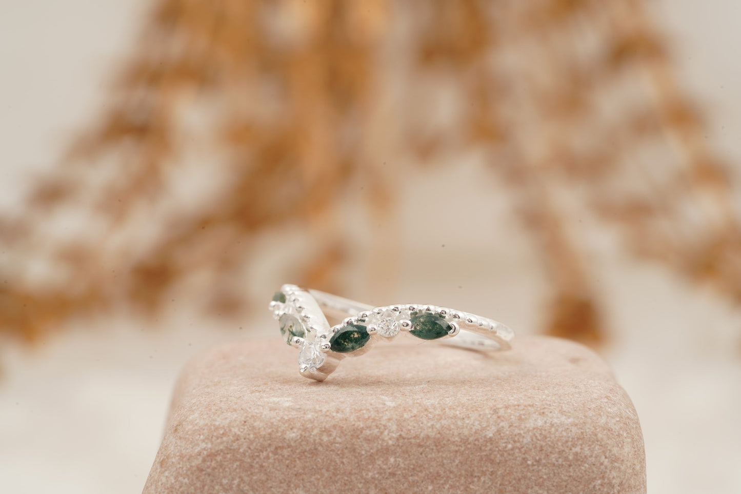 Marquise Moss Agate Wedding Band 925 Sterling Silver Ring