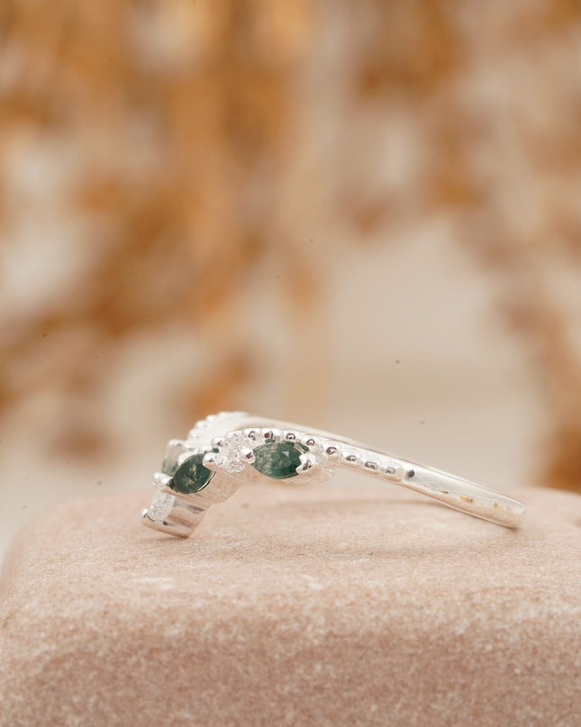 Marquise Moss Agate Wedding Band 925 Sterling Silver Ring