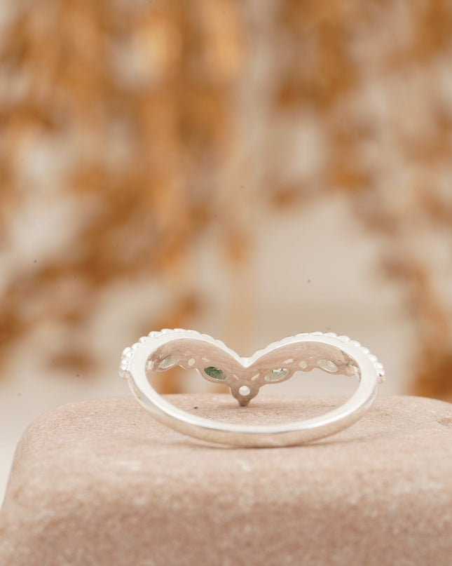 Marquise Moss Agate Wedding Band 925 Sterling Silver Ring