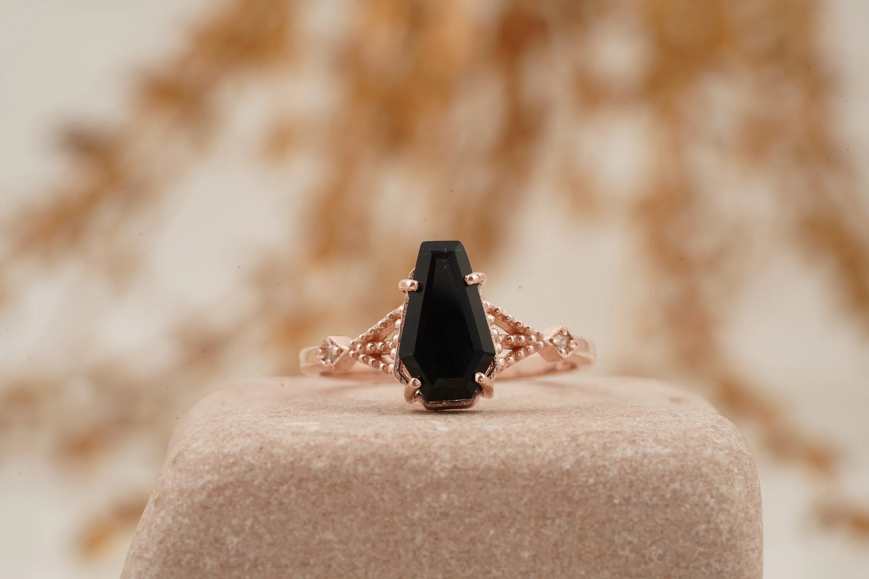 Coffin Shape Black Onyx Engagement Ring Gold Vermeil Ring - Gigiscc