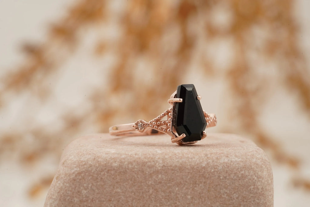 Coffin Shape Black Onyx Engagement Ring Gold Vermeil Ring - Gigiscc