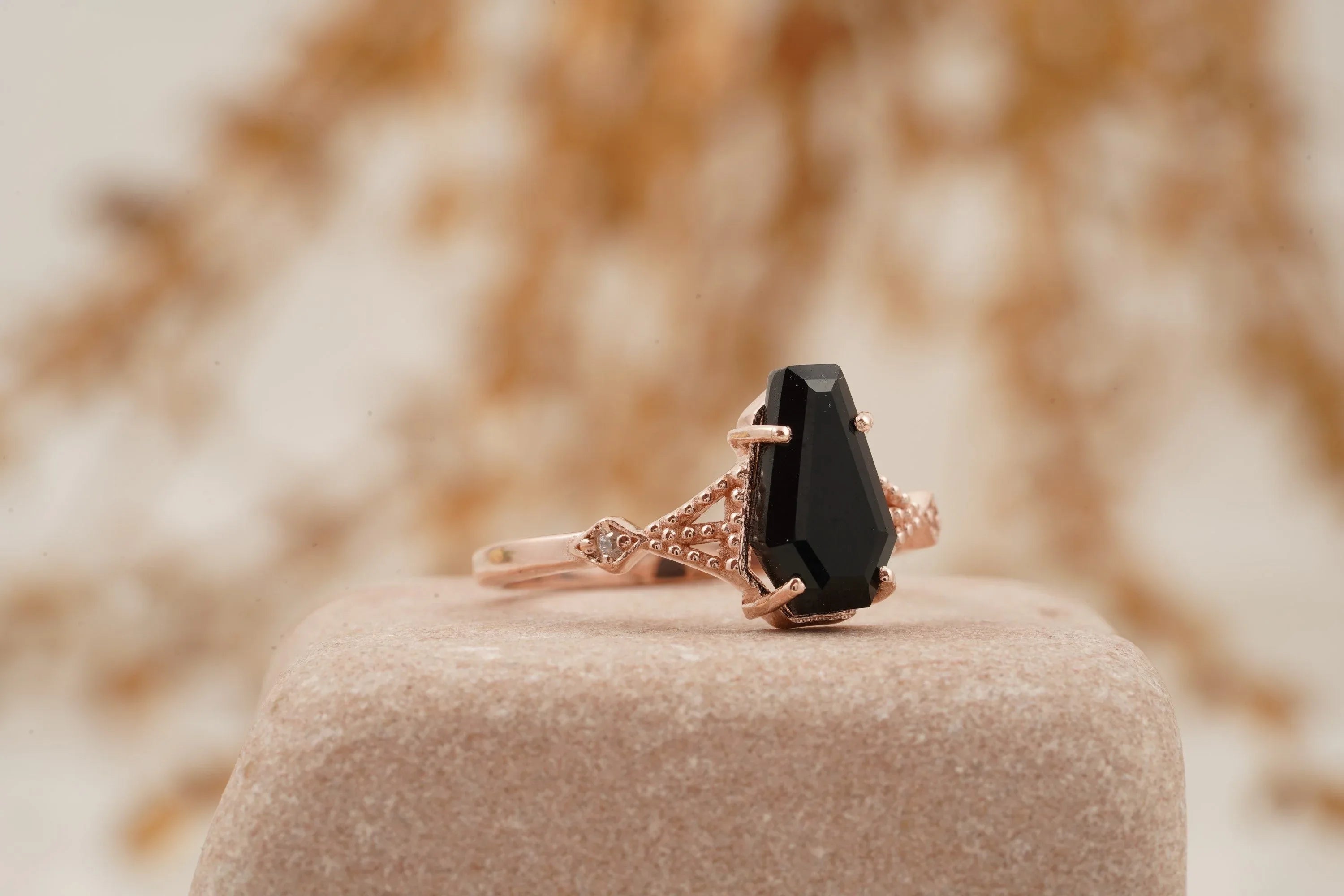Coffin Shape Black Onyx Engagement Ring Gold Vermeil Ring - Gigiscc