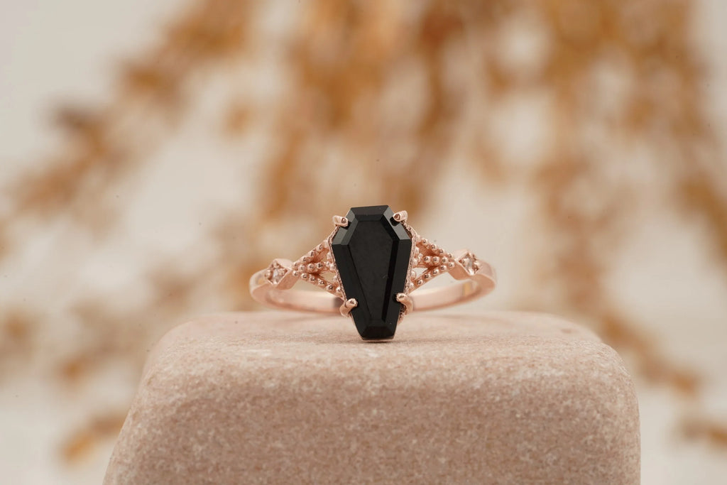 Coffin Shape Black Onyx Engagement Ring Gold Vermeil Ring - Gigiscc