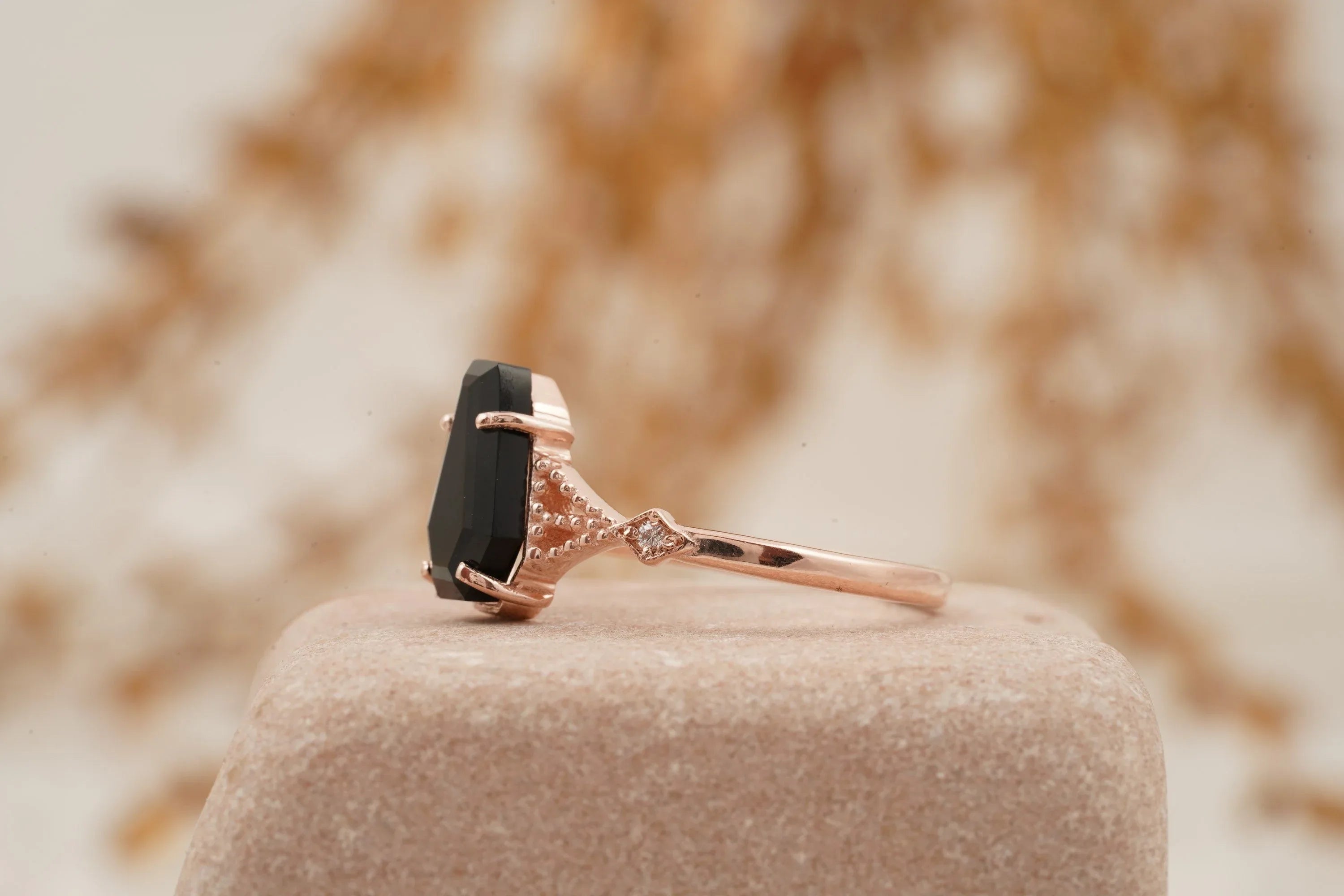 Coffin Shape Black Onyx Engagement Ring Gold Vermeil Ring - Gigiscc
