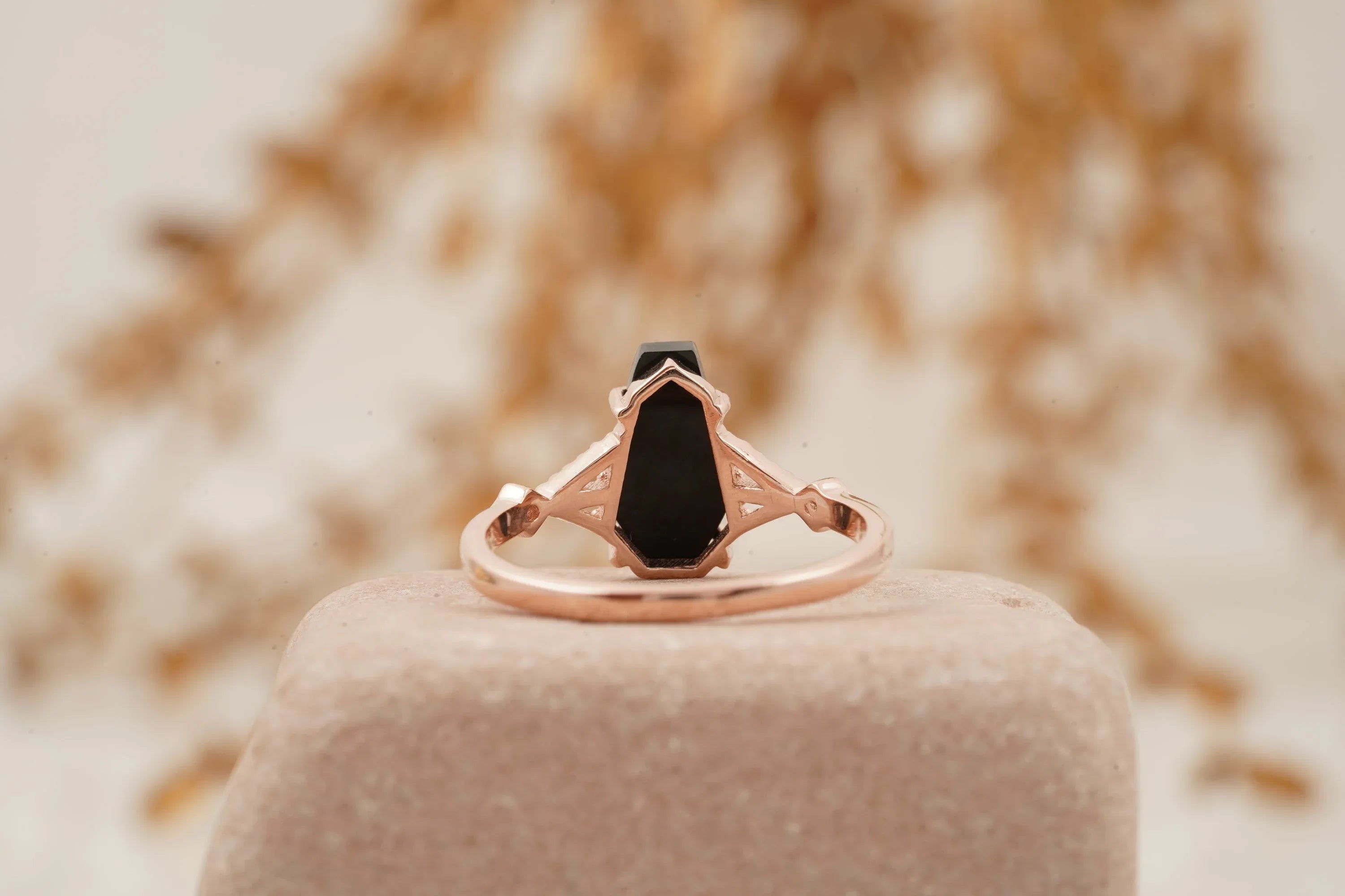 Coffin Shape Black Onyx Engagement Ring Gold Vermeil Ring - Gigiscc