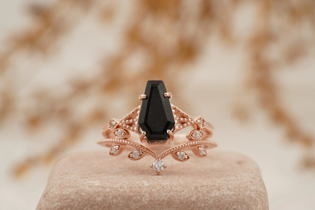 Coffin Shape Black Onyx Engagement Ring Set Curved Stacking Band - Gigiscc