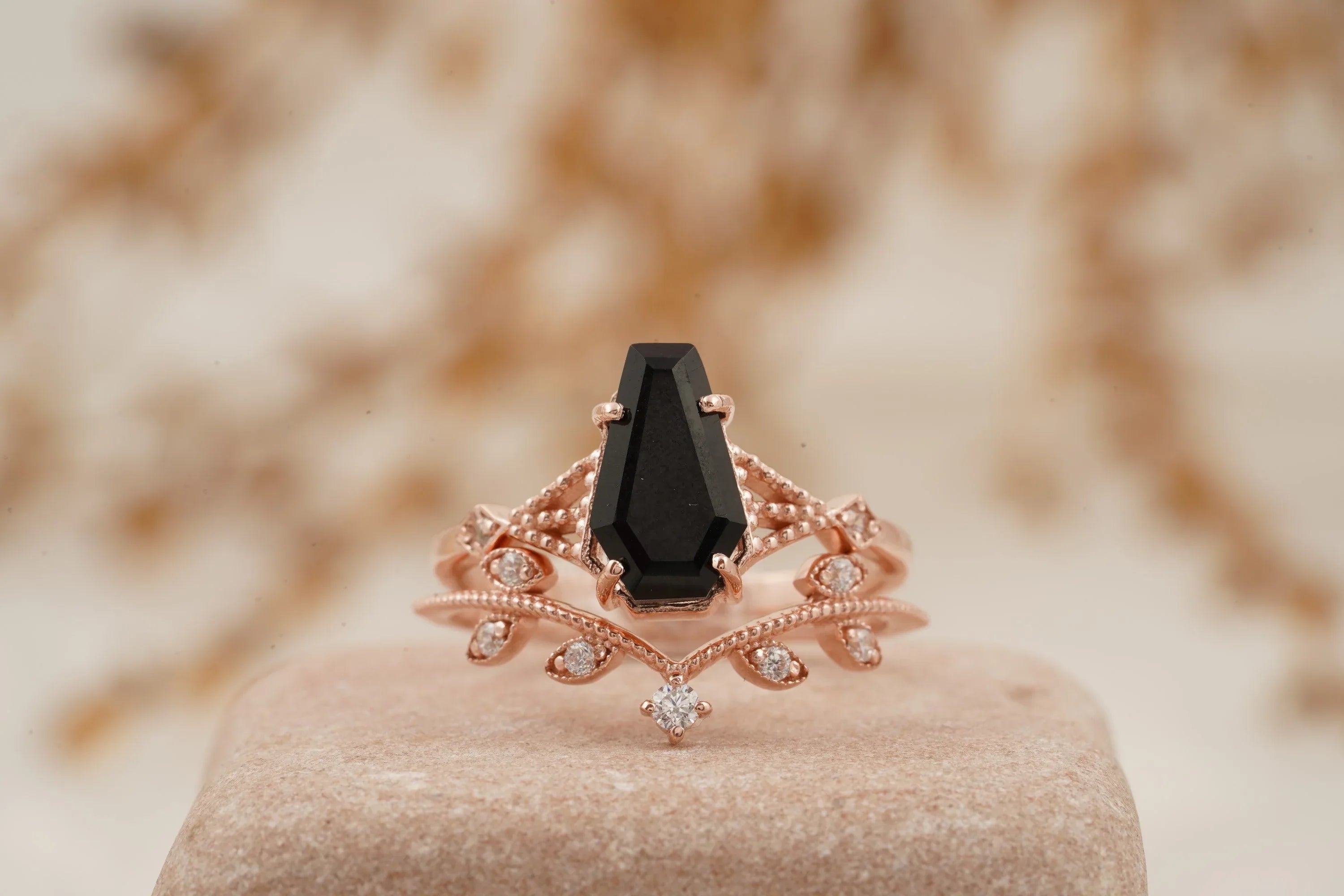 Coffin Shape Black Onyx Engagement Ring Set Curved Stacking Band - Gigiscc