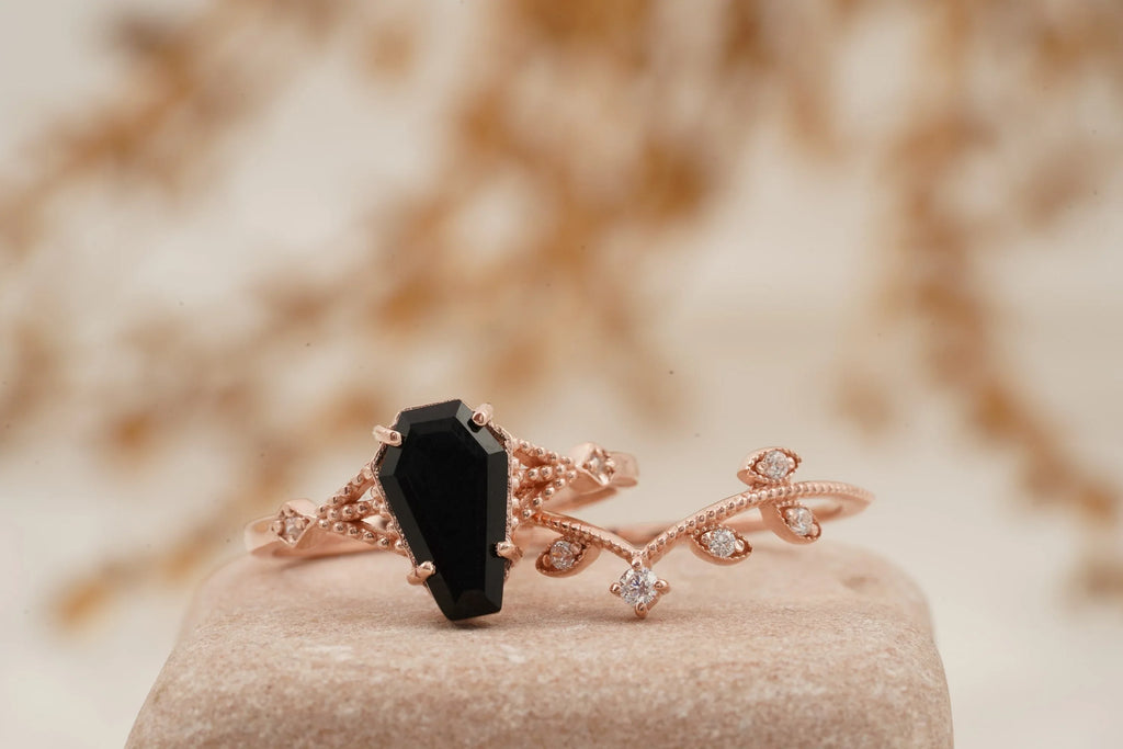 Coffin Shape Black Onyx Engagement Ring Set Curved Stacking Band - Gigiscc