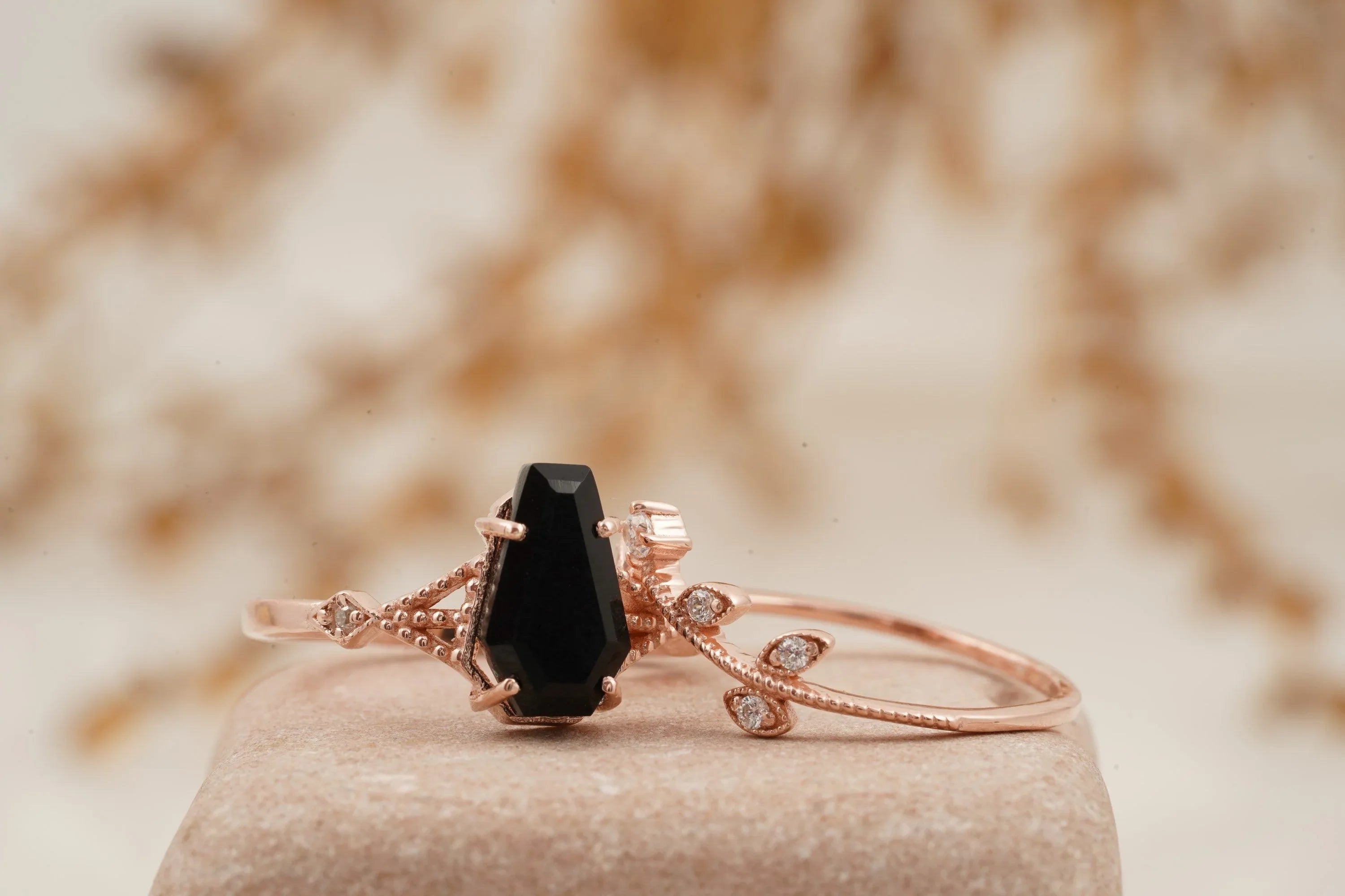Coffin Shape Black Onyx Engagement Ring Set Curved Stacking Band - Gigiscc
