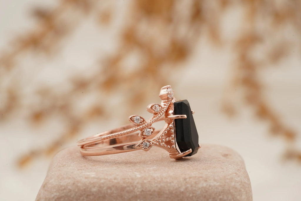 Coffin Shape Black Onyx Engagement Ring Set Curved Stacking Band - Gigiscc