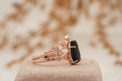 Coffin Shape Black Onyx Engagement Ring Set Curved Stacking Band