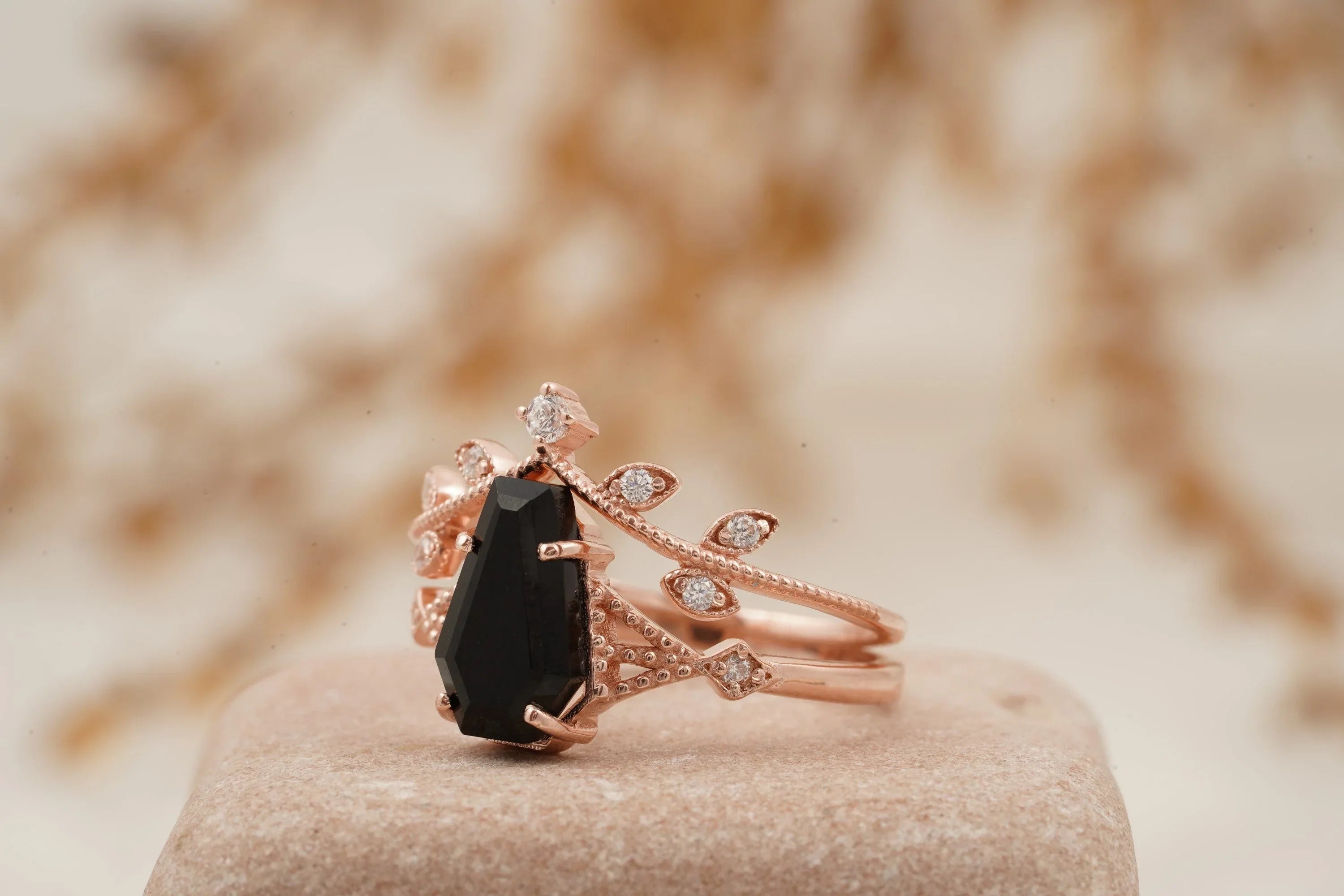 Coffin Shape Black Onyx Engagement Ring Set Curved Stacking Band - Gigiscc