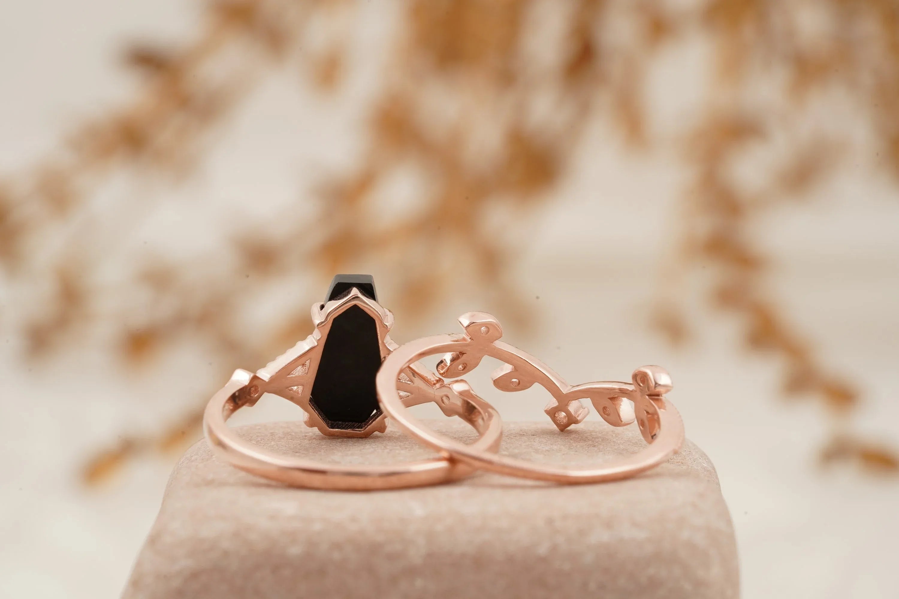 Coffin Shape Black Onyx Engagement Ring Set Curved Stacking Band - Gigiscc