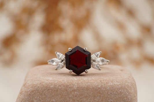 Hexagon & Marquise Red Garnet Cluster Engagement Ring