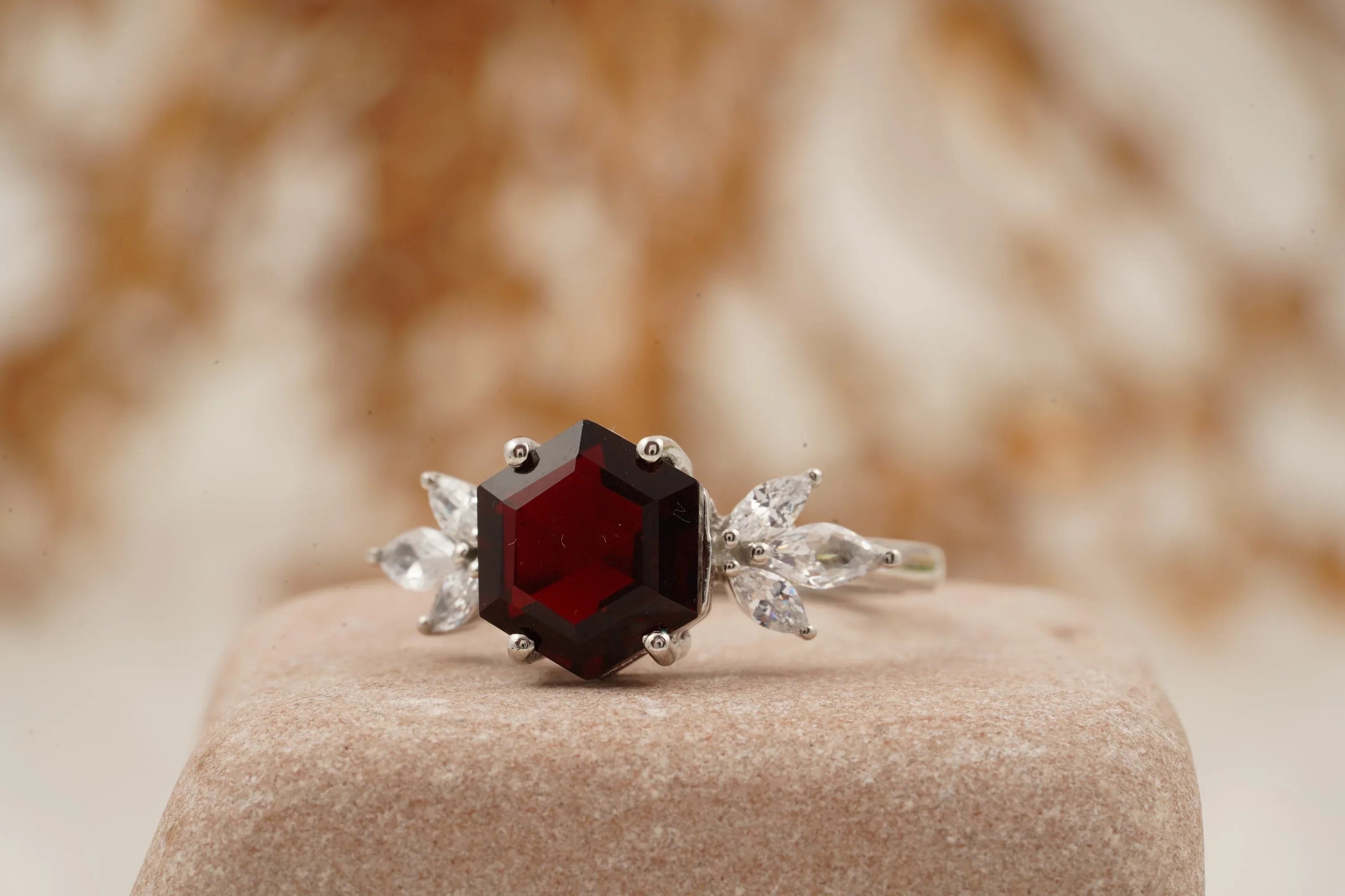 Hexagon Cut Red Garnet Marquise Cut Cluster Engagement Ring - Gigiscc